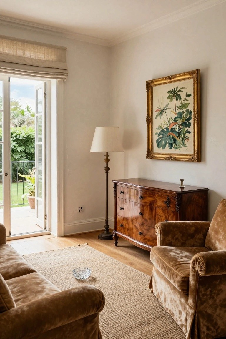 Living room corner with two tan velvet armchairs on a seagrass rug, polished burlwood dresser topped with a candleholder, brass floor lamp, gilded framed botanical painting on pale wall, and open French doors to garden terrace.