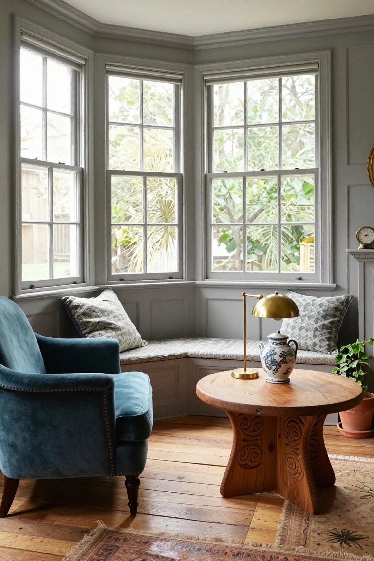 Gray paneled interior corner with turquoise velvet armchair, carved wooden round table, built-in cushioned bench in three-window bay, gold lamp with white shade, blue and white ginger jar vase, plants, clock on mantel, and garden view through open windows.