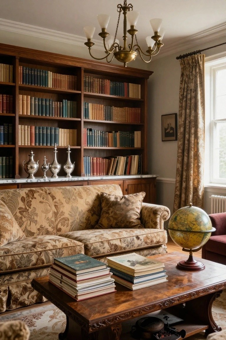 A traditional living room with tall wooden bookshelves filled with books on multiple walls, a patterned sofa, wooden coffee table with stacked books, antique globe, silver vessels, chandelier, and window drapes.