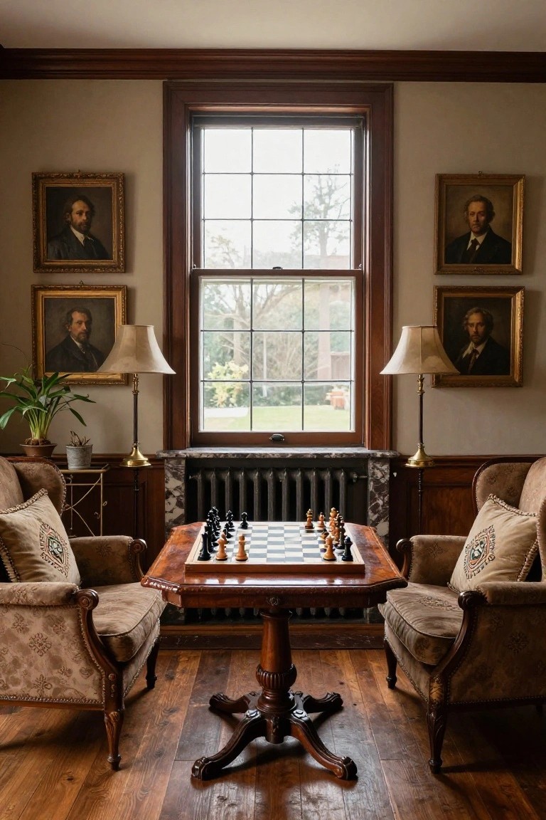 Wood-paneled interior room with two beige upholstered armchairs facing a central wooden chess table, brass lamps and potted plants on sides, portraits on walls, and large window showing trees outside.