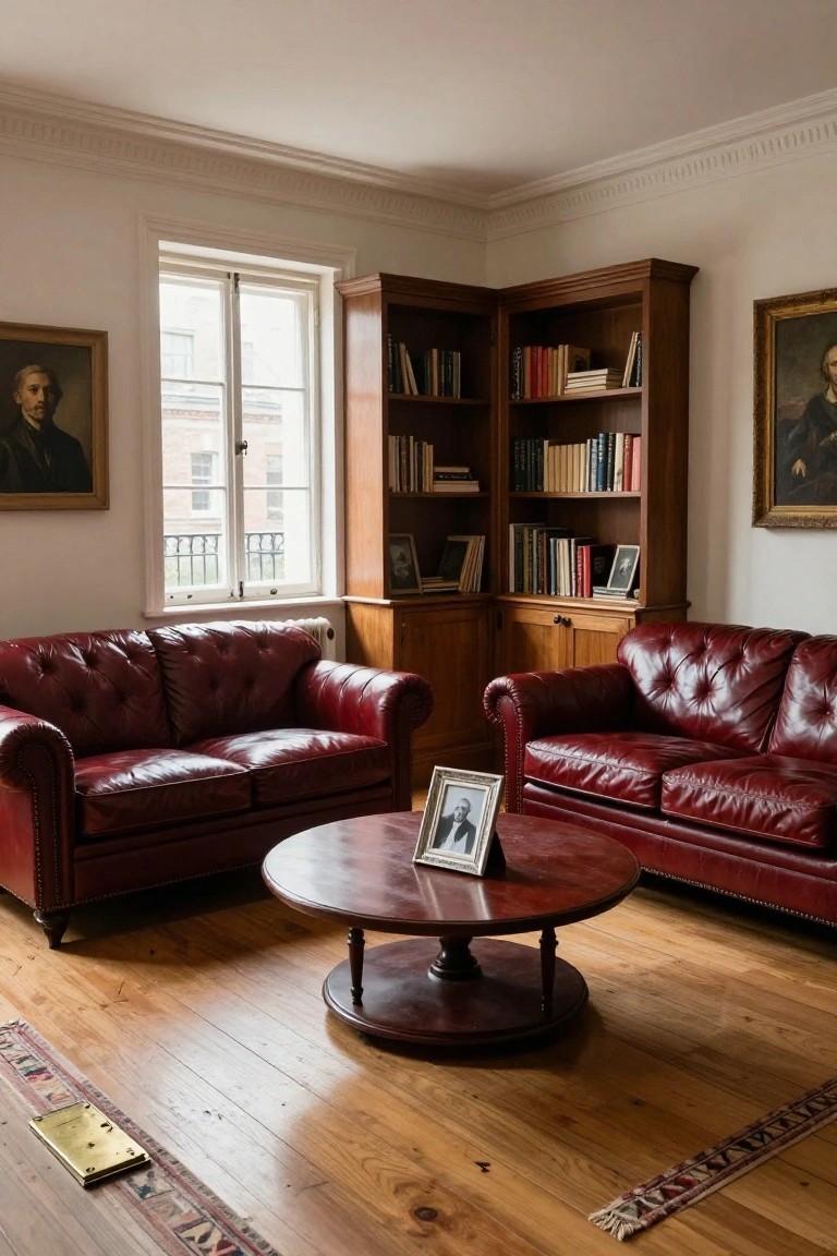 Living room interior with two red tufted leather sofas facing a round wooden coffee table, flanked by wooden bookshelves filled with books, antique portraits on walls, hardwood floors, and a patterned rug.