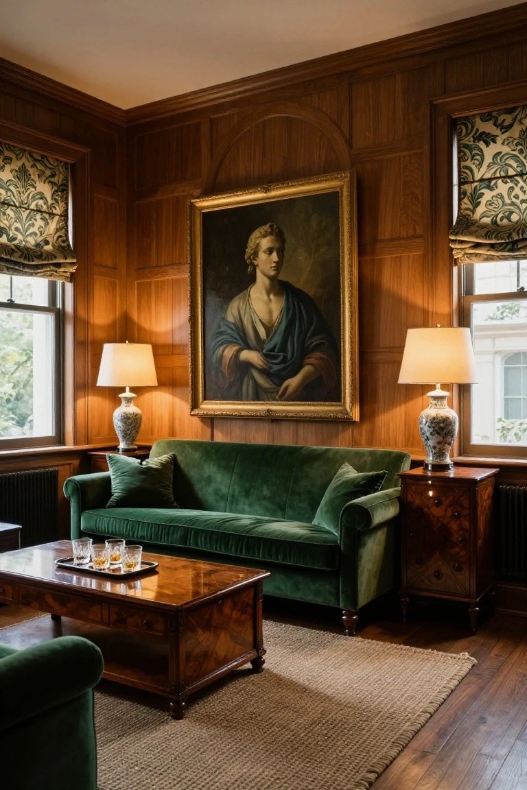 A corner sitting room with dark wood-paneled walls, a large gold-framed portrait of a woman, green velvet sofa and armchair, wooden coffee table with glasses, porcelain lamps on wooden tables, and windows with patterned curtains.