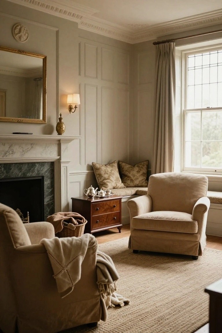 Light beige living room featuring paneled walls, marble fireplace with black insert, two cream upholstered armchairs with throws, wooden side table with teapot, window seat with cushions, and tall window with linen curtains.