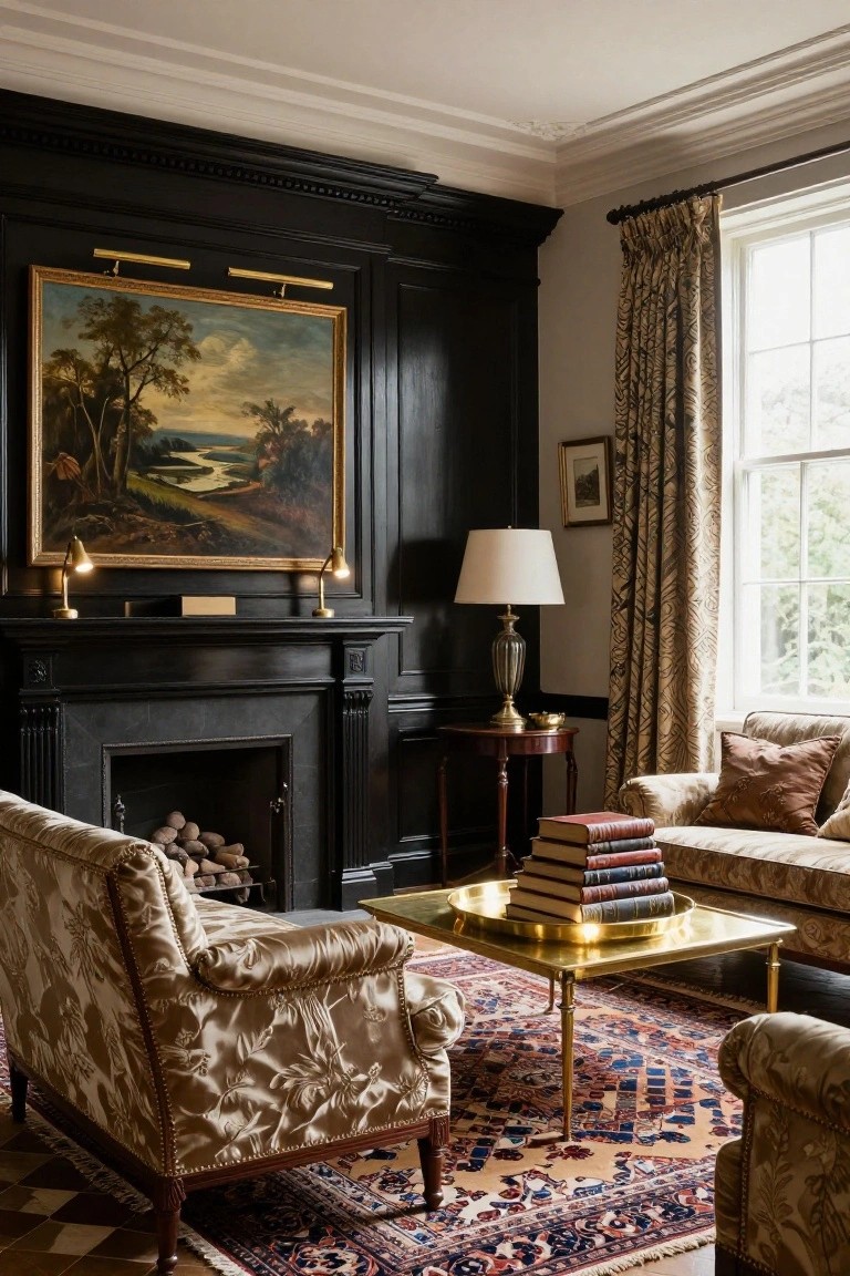 A living room with dark wood-paneled walls, a black fireplace with stacked logs, gold picture lights on a large landscape painting above the mantel, two upholstered armchairs, a brass coffee table with stacked books, a side table with lamp, and a patterned rug.