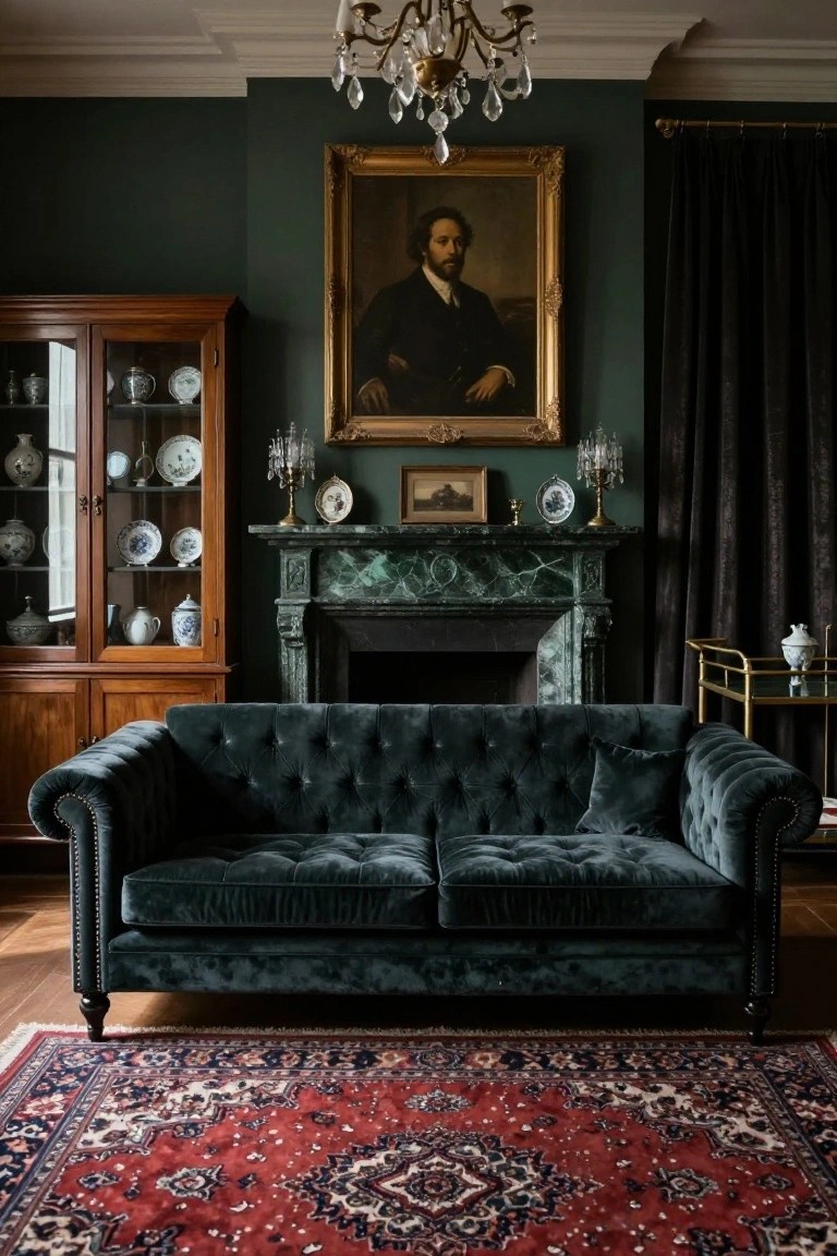 Dark green living room with emerald green velvet tufted Chesterfield sofa, wooden china cabinet displaying porcelain, green marble fireplace, brass chandelier, and red Persian rug on hardwood floor.