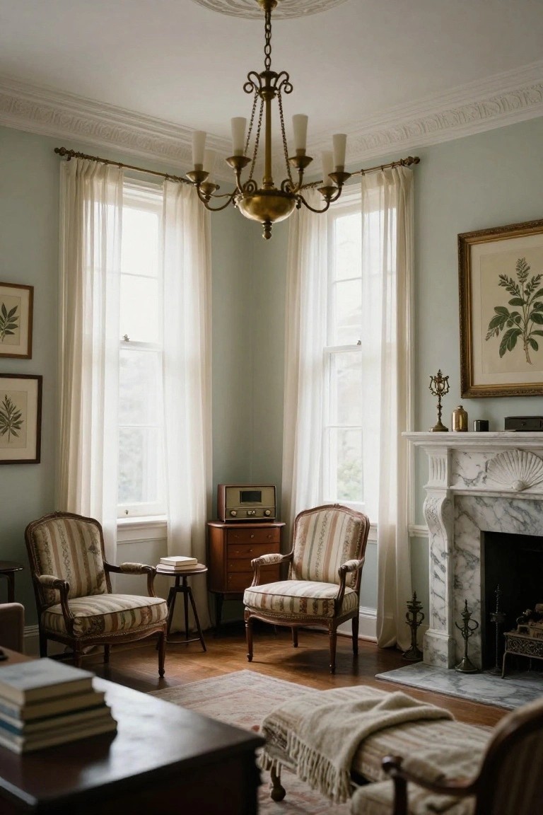 A light sage green living room corner with two matching striped bergère armchairs, a small round side table, marble shell fireplace, sheer white curtains on tall windows, brass chandelier, botanical prints, and wooden furnishings.