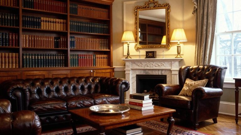 23 Timeless Luxury Old Money Living Room Aesthetics You’ll Want Wood-paneled living room with tall bookshelves flanking a marble fireplace, two tufted leather sofas facing each other across a wooden coffee table, and a patterned rug on hardwood floors.