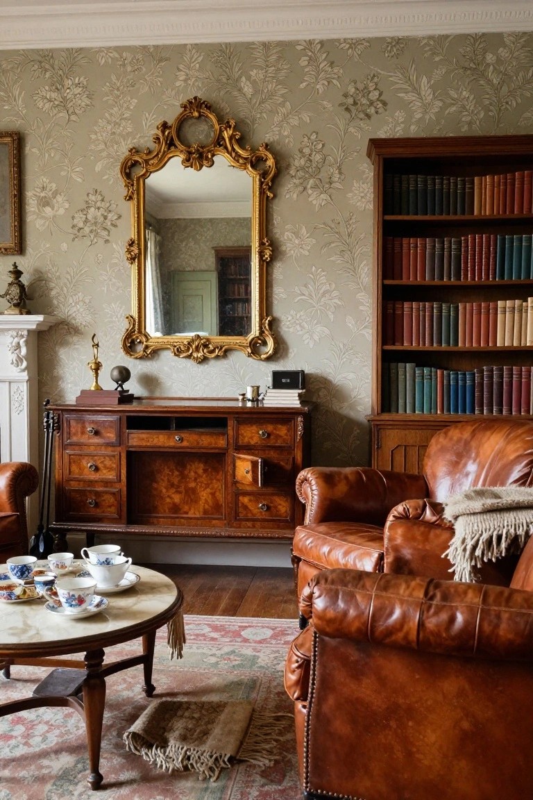 Traditional living room with two brown leather armchairs around a marble-topped round table on a patterned rug, wooden credenza below a large gold gilt mirror above a white fireplace mantel, wooden bookshelves with books, and pale green floral wallpaper.
