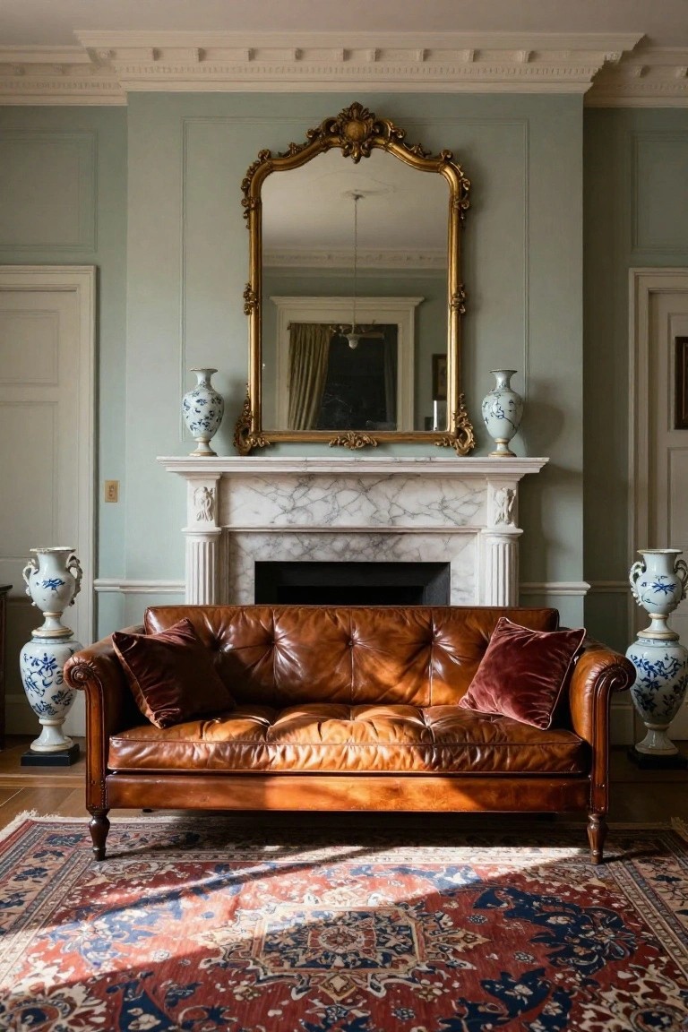 Pale green paneled living room with a brown tufted leather sofa centered on a red and blue Persian rug in front of a white marble fireplace topped by a large ornate gold mirror, flanked by large blue-and-white porcelain vases on pedestals.