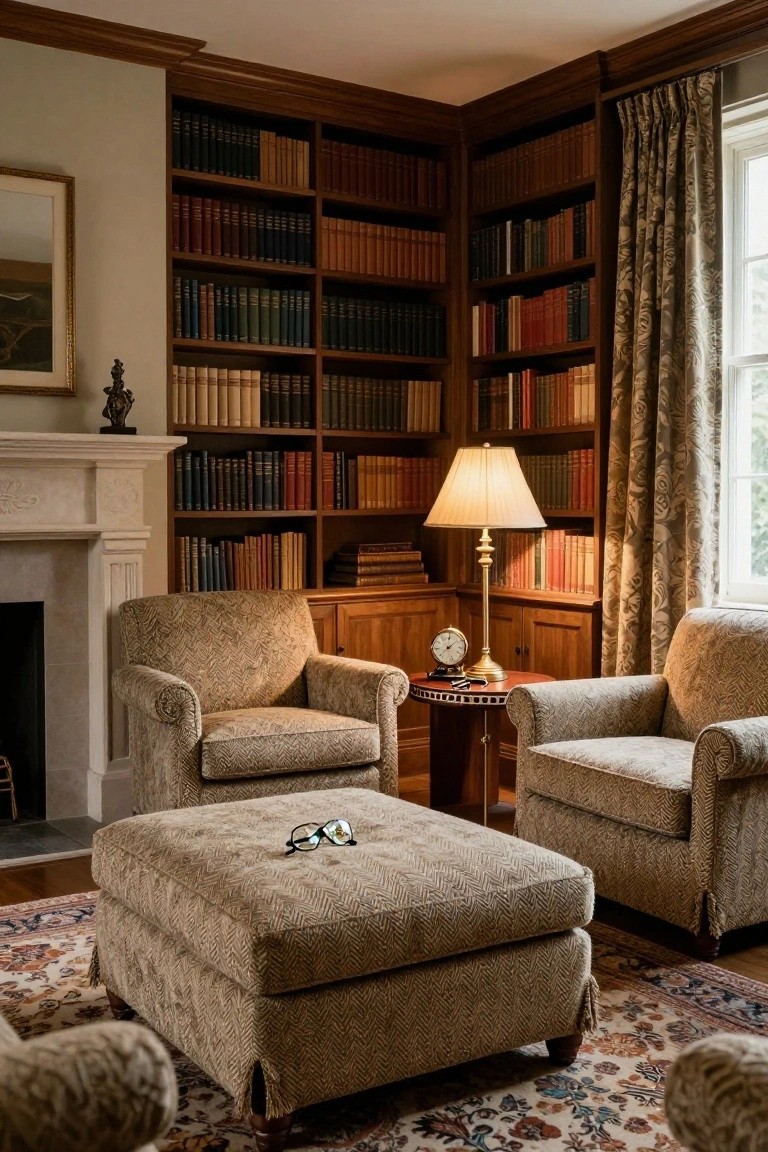 Cozy interior room corner with floor-to-ceiling wooden bookshelves filled with leather-bound books, marble fireplace, two beige patterned armchairs, round wooden table holding brass lamp and clock, ottoman with eyeglasses, and ornate rug on wood floor.