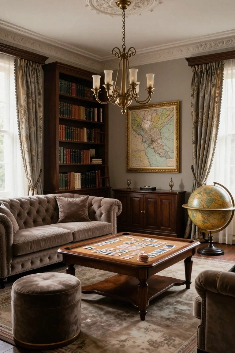 Traditional living room with dark wood bookshelves filled with books, tufted gray velvet L-shaped sofa, wooden games table topped with playing cards and chips, brass chandelier, gilded map on wall, and antique globe on stand.
