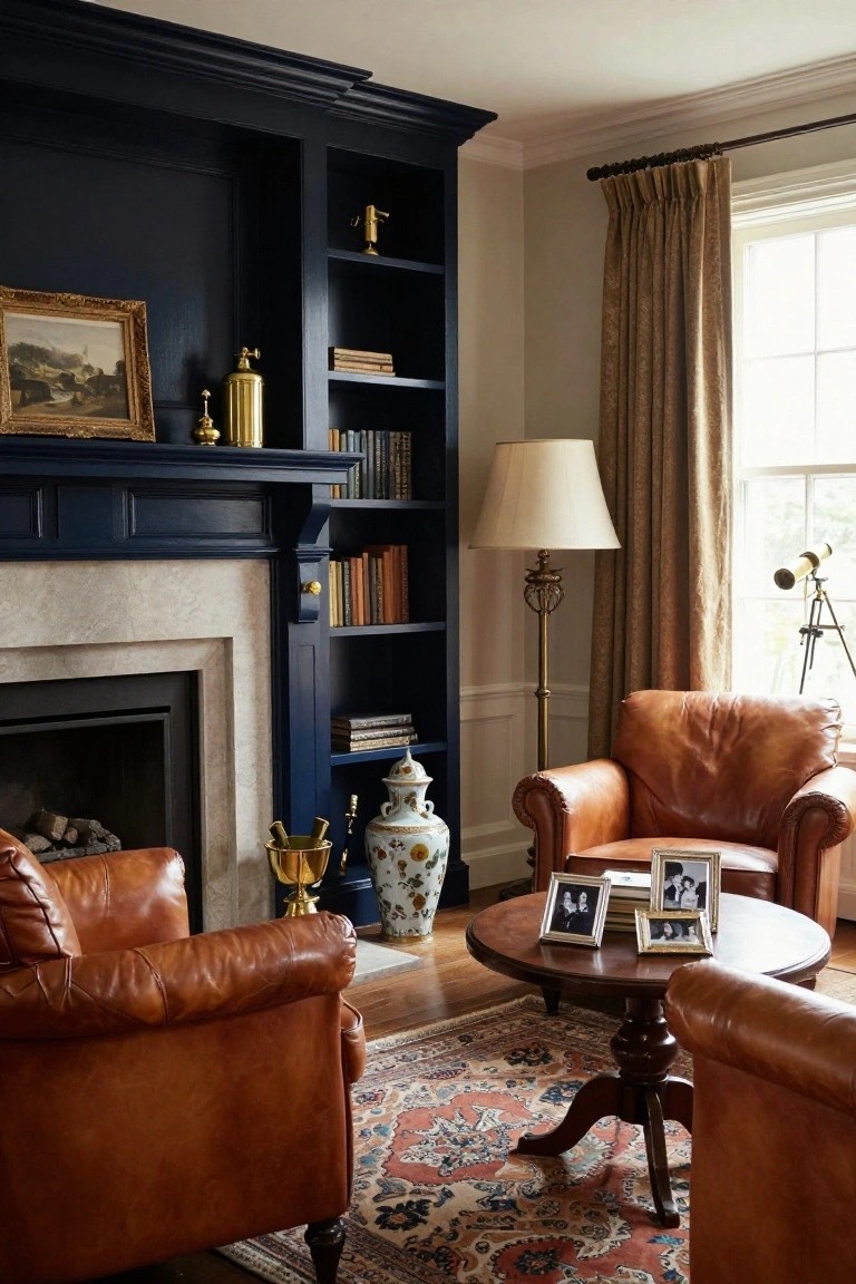 Living room with navy blue painted built-in bookshelves and mantel around a marble fireplace, tan leather armchairs, round wooden table with picture frames, brass lamp, porcelain vase, Persian rug, and window with beige drapes.