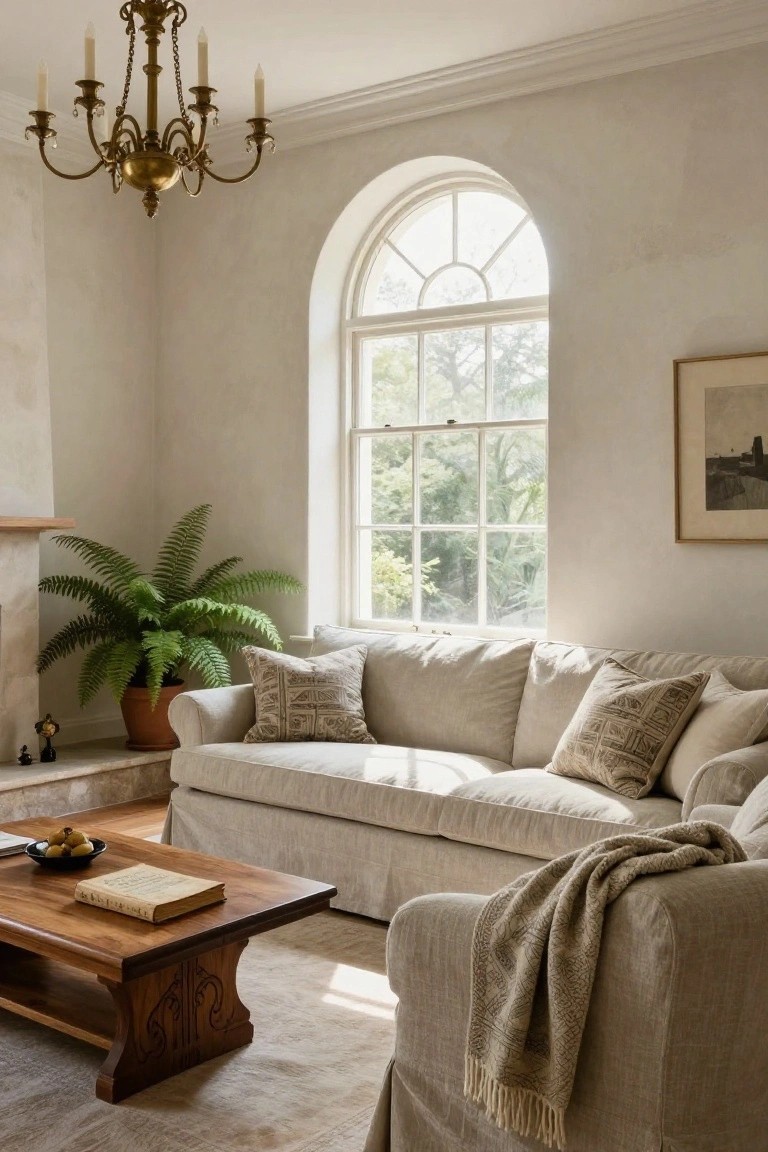 Living room corner with cream textured walls, beige slipcovered sofa with pillows and throw, wooden coffee table holding a book and bowl of fruit, large potted fern plant near brick fireplace, arched window showing trees outside, brass chandelier, and framed artwork.