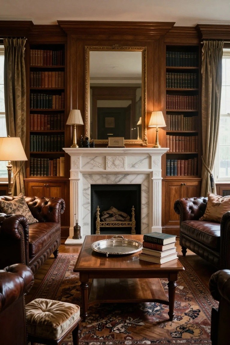 Wood-paneled living room with tall bookshelves flanking a marble fireplace, two tufted leather sofas facing each other across a wooden coffee table, and a patterned rug on hardwood floors.