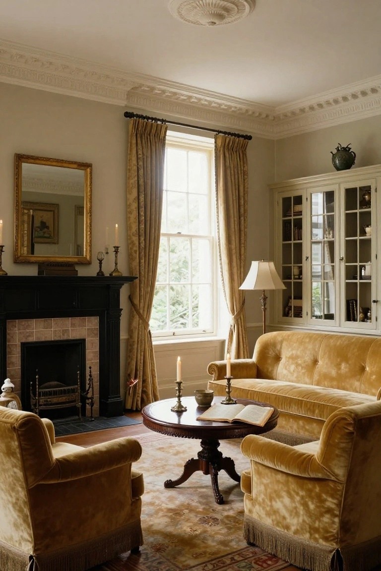 A traditional living room featuring mustard-gold velvet sofa and armchairs arranged around a round wooden table in front of a black fireplace, with tall curtained windows, beige walls, candles, and a glass-door bookcase.