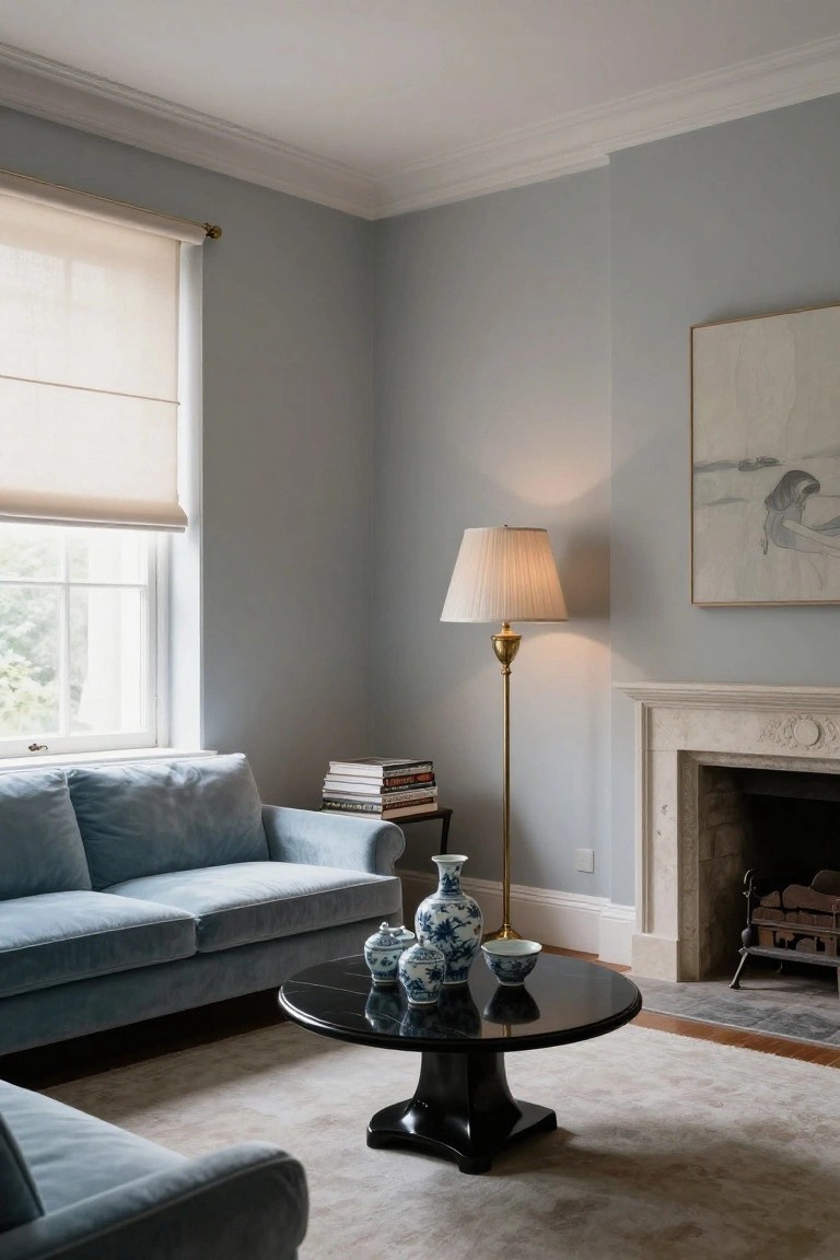 Pale blue living room with blue velvet sofa, black round coffee table holding blue-and-white porcelain vases and bowl, brass floor lamp, stack of books on side table, and marble fireplace.