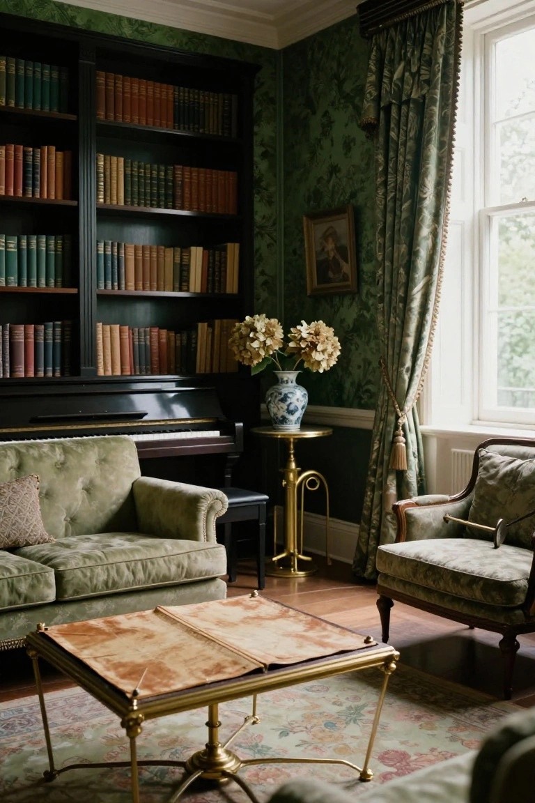 A green library room with dark wood bookshelves filled with leather-bound books, a black grand piano, tufted green velvet sofas, a side table holding a blue and white vase of hydrangeas, and emerald green floral wallpaper.