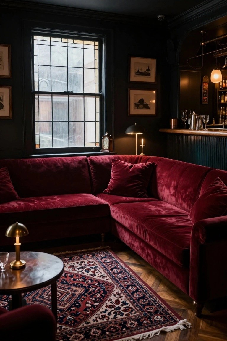 Dark-walled living room with L-shaped red velvet corner sofa, brass lamp on round table, wooden bar counter, artwork, clock, and rainy window.