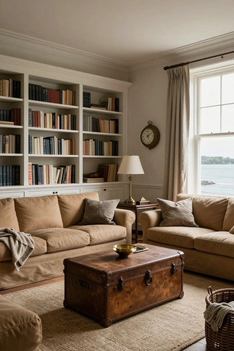 A cozy beige living room with two slipcovered sofas facing a vintage wooden trunk coffee table, flanked by white built-in bookshelves filled with books, a table lamp, wall clock, and large window overlooking the sea.