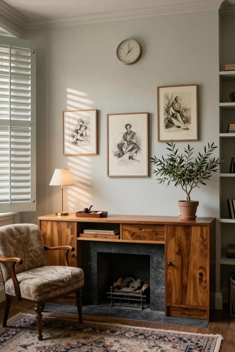 Interior corner of a room with a wooden cabinet featuring drawers, shelves, books, and an integrated fireplace, a upholstered armchair in front, wall art, a potted olive tree, and a desk lamp on a light gray wall with shutters.