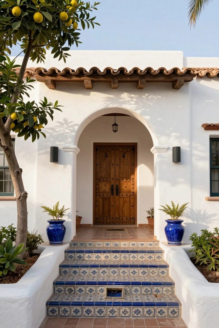 White stucco house facade with arched wooden double door, blue patterned tile steps, blue ceramic pots with plants flanking the entry, lemon tree to the side, and wall-mounted lights.