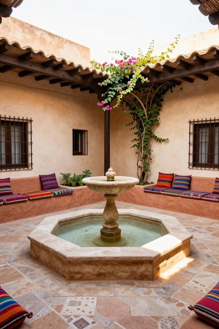 Sunlit enclosed courtyard with central octagonal stone fountain, built-in low benches along adobe walls topped with colorful striped cushions, climbing bougainvillea vines, potted plants, and iron-grilled windows.