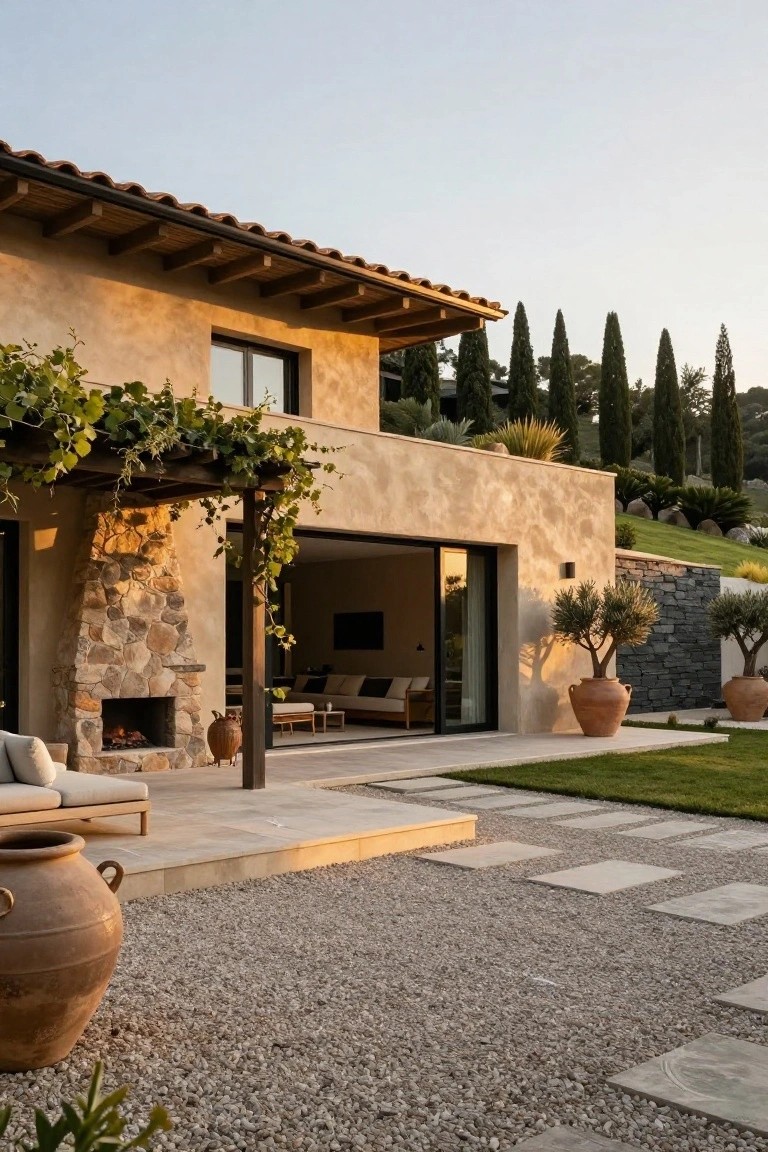 Beige stucco house wall with vine-covered wooden pergola, tall stone outdoor fireplace with lit fire, open sliding glass doors to indoor seating area, beige sofa and pillows on terrace, large terracotta pots, gravel patio with stone pavers, olive trees and tall cypresses in background at dusk.