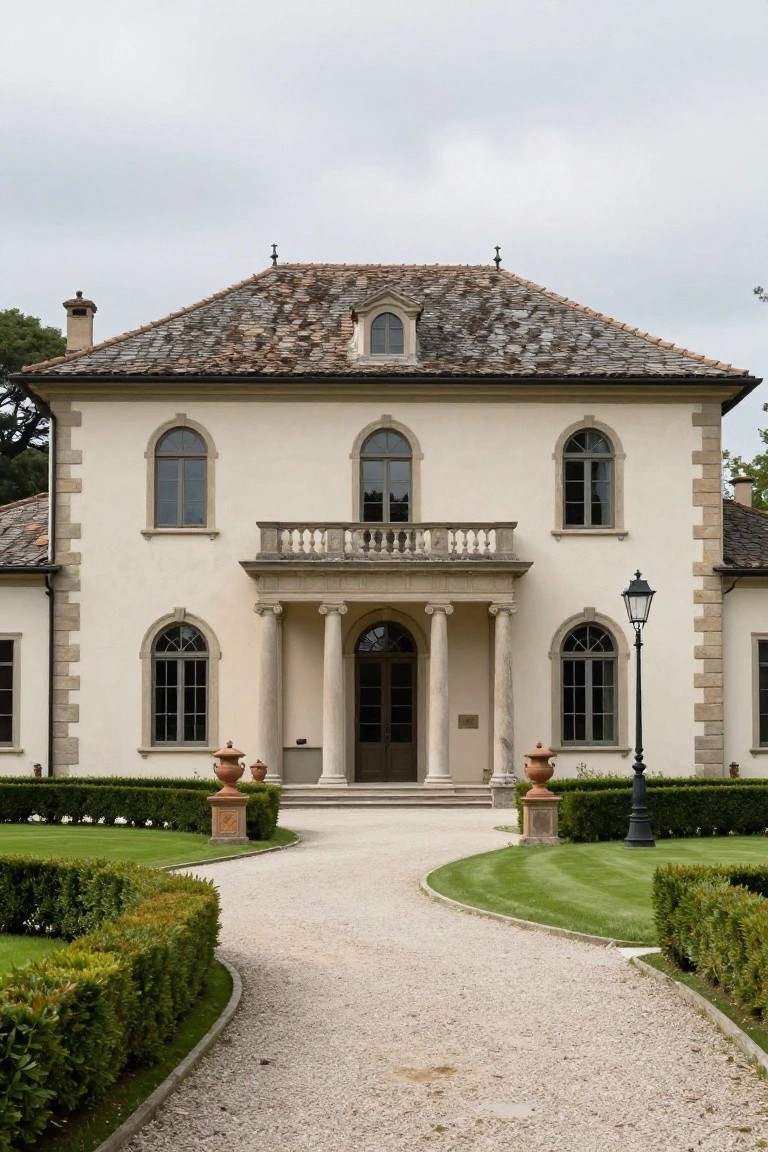Two-story beige stucco villa with centered columned portico entrance, arched windows, terracotta tile roof, flanked by boxwood hedges and terracotta urns along a curved gravel driveway.