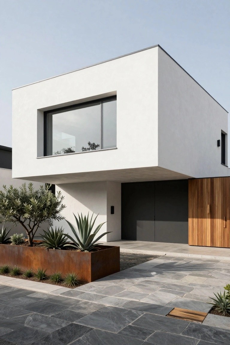 Corner view of a modern white stucco house with cantilevered upper volume, large framed window, black garage-style door, wood-clad side wall, olive tree and agave plants in corten steel planters, and gray slate paver driveway.