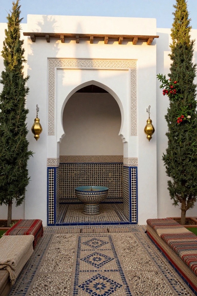 White arched niche with blue and white mosaic tiles and turquoise fountain basin flanked by tall cypress trees, gold lanterns hanging on sides, cushioned benches, and pebble mosaic path in a sunny courtyard.
