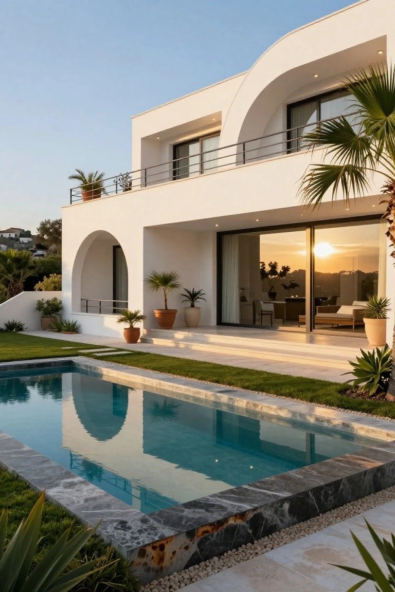 White modern villa exterior featuring curved arches and roofline, large sliding glass doors, infinity-edge pool, palm plants, and sunset view over hillside.