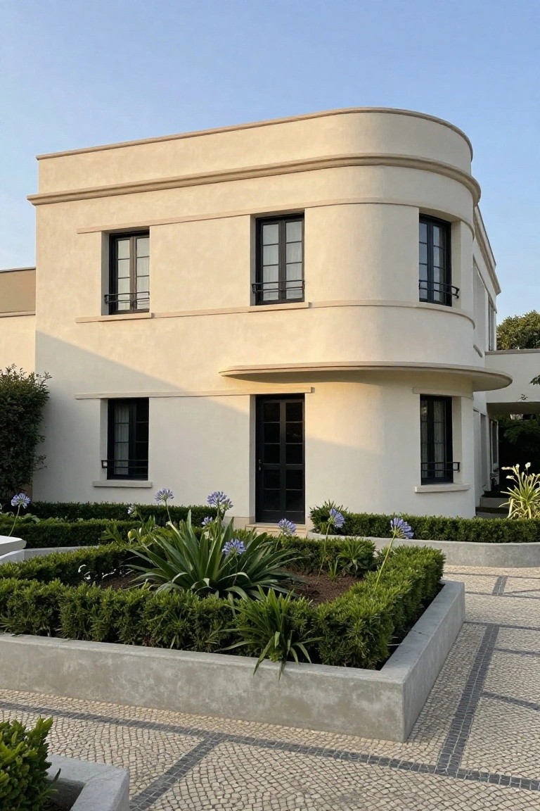 Beige stucco house exterior with rounded upper corners, black-framed rectangular windows, black front door, and curved entry canopy, framed by boxwood hedges, agave plants, and agapanthus flowers in a raised garden bed on a gray pebble mosaic pavement.