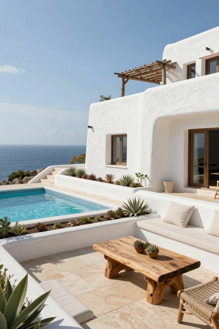 White curved stucco villa exterior featuring an infinity-edge pool, outdoor seating with wooden table and cushions, potted succulents, and ocean view.