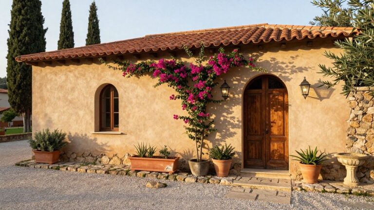23 Timeless Villa Home Exterior Ideas With Lasting Style Beige stucco villa wall with tall arched double wooden door, flanked by iron lanterns, pink bougainvillea vines climbing nearby, potted plants, stone step path, gravel ground, and tall cypress trees on both sides.