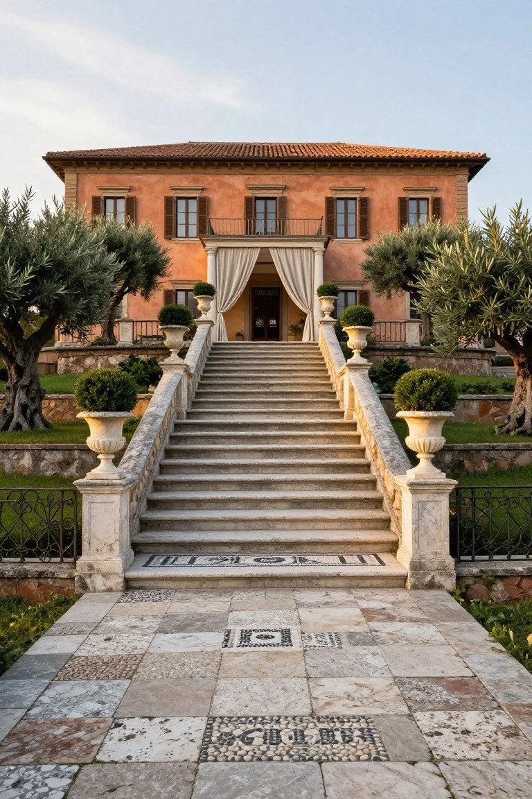Terracotta villa with grand central stone staircase flanked by urns containing topiary plants and boxwoods, olive trees on sides, leading to curtained entry doors.