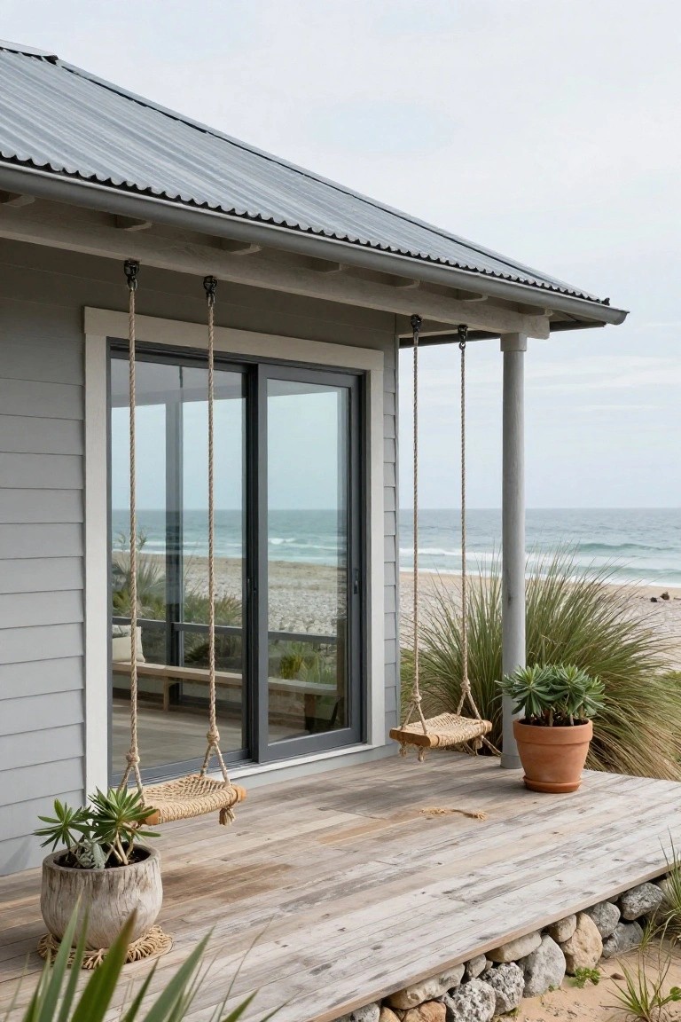 Gray siding beach house exterior with corrugated metal roof, sliding glass doors, two rope-suspended woven swings on a wooden deck, potted plants, dune grass, and ocean view.