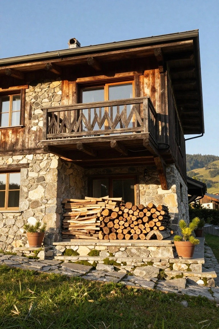 Corner view of a two-story chalet house featuring a stone foundation, wooden siding and balcony, stacked firewood piles, potted plants on stone steps, and distant mountains under a clear sky.