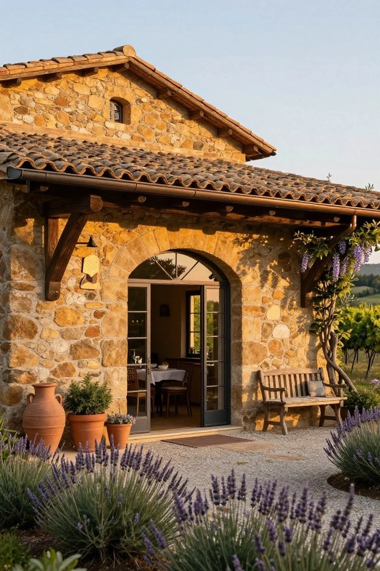 Stone villa exterior with terracotta tile roof, large arched glass doorway open to interior dining area, wooden bench, potted plants, lavender borders, and vineyard backdrop at sunset.