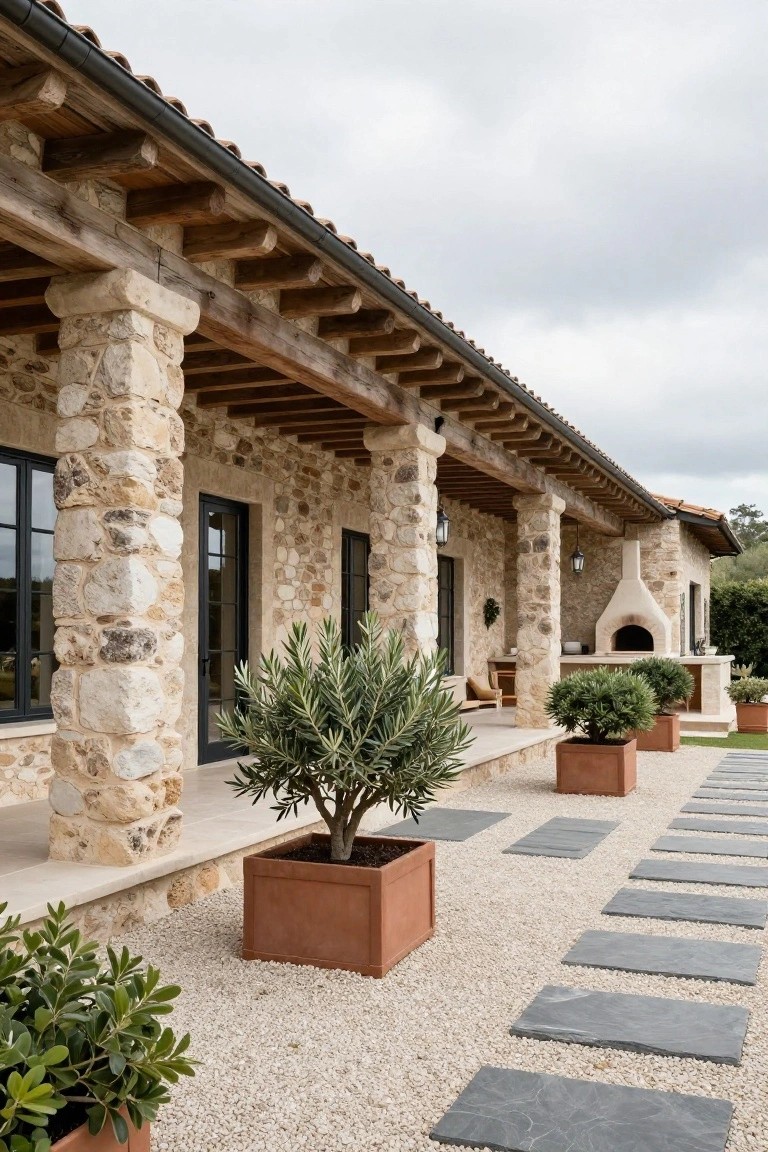 Stone villa exterior with exposed wooden beams under terracotta roof, stone pillars supporting porch, potted olive trees, outdoor oven, and gravel path with stone pavers.