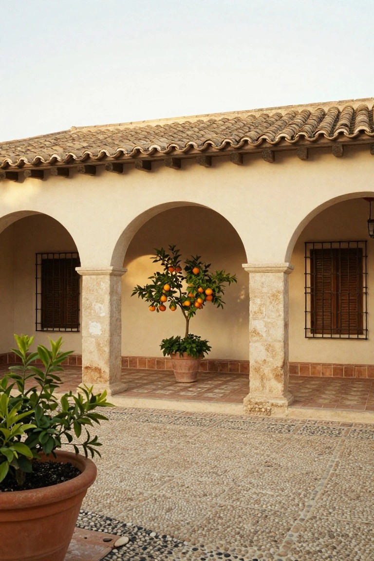 Beige stucco villa wall with three rounded stone arches, wooden shuttered windows with metal grilles, potted orange tree bearing fruit in the center, another potted plant in foreground, terracotta tile roof above, and pebble flooring in the courtyard.