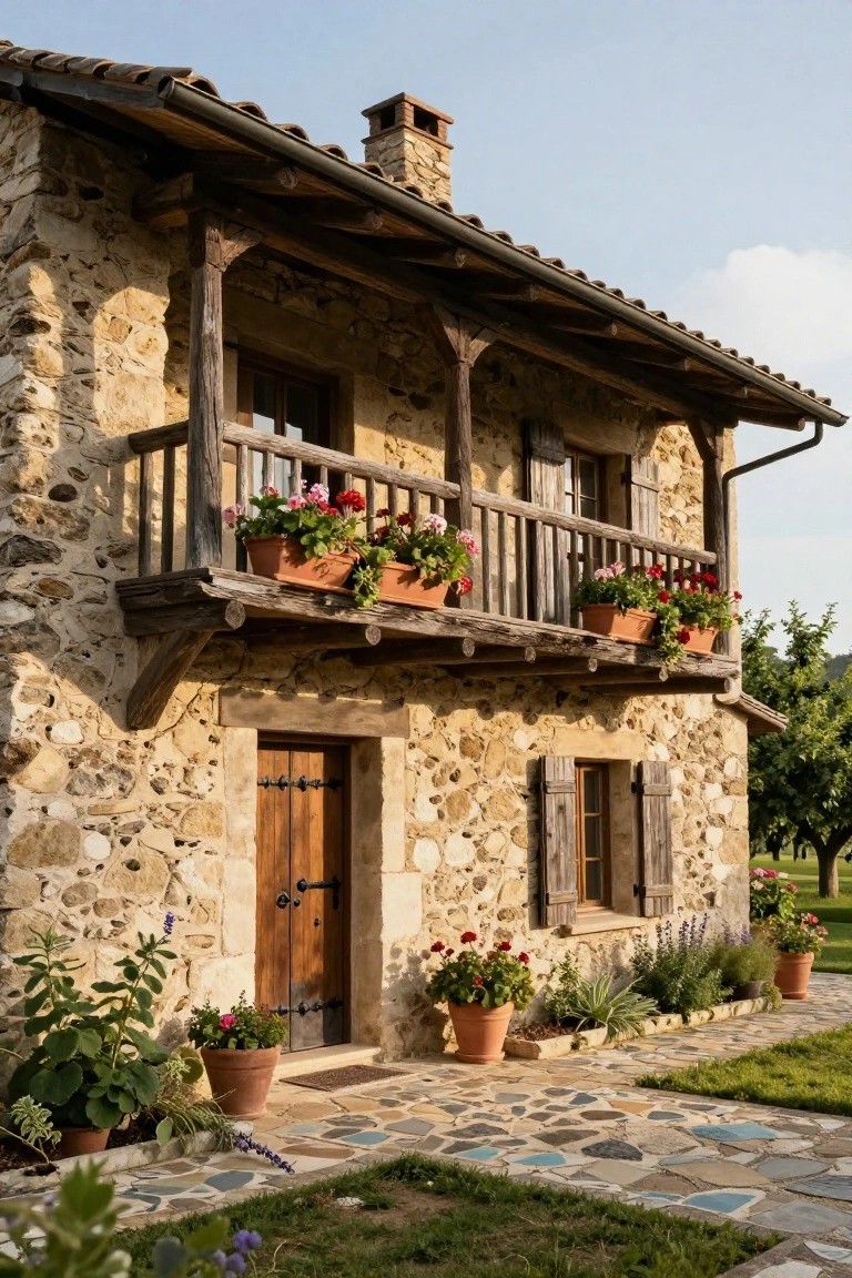 Two-story stone house exterior with wooden balcony and railing supporting terracotta planters of pink geraniums, wooden front door, surrounding terracotta pots with plants, and pebbled path to grass lawn.