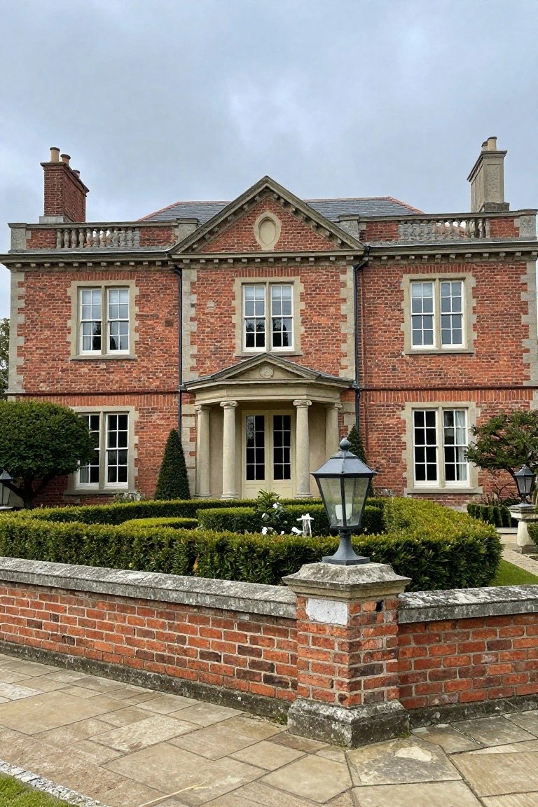 Two-story red brick house with symmetrical windows, a central stone pedimented portico entrance supported by columns, flanked by lanterns and low boxwood hedges along a brick wall, on a paved path under a cloudy sky.