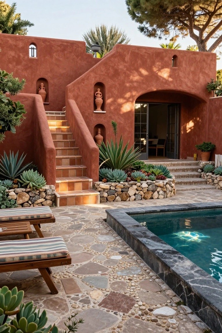 Red stucco villa exterior with rounded walls, arched glass entry door, terracotta stairs, succulent borders in rock beds, pebble stone patio, and wooden loungers by a dark pool edge.