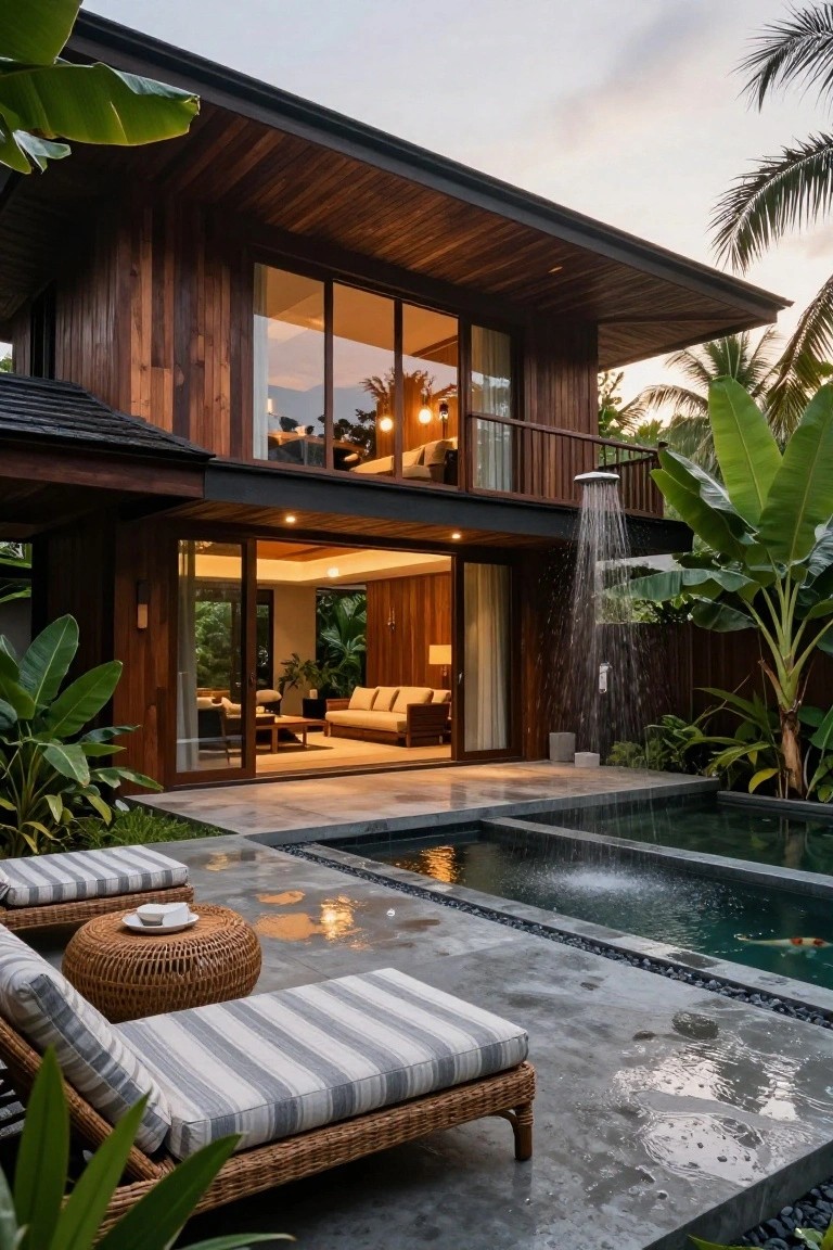 Two-story modern villa with dark wood siding, large glass doors opening from the living area to a stone deck with two rattan loungers and a side table, a small rectangular pool containing koi fish, an outdoor shower on the upper balcony, and surrounding tropical plants at dusk.