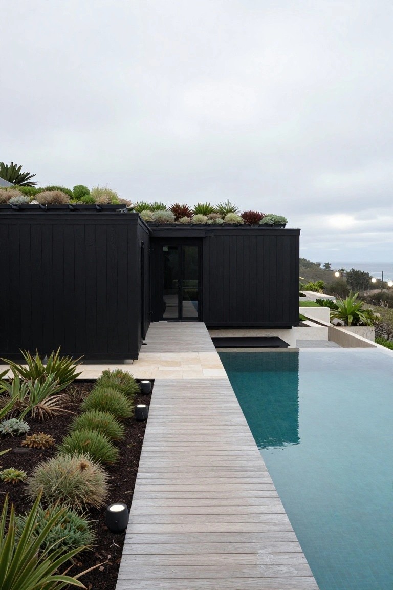 Black timber-clad modern house with green sedum roof and glass entry, adjacent to infinity-edge pool with wooden walkway and succulent landscaping overlooking coastal hills.