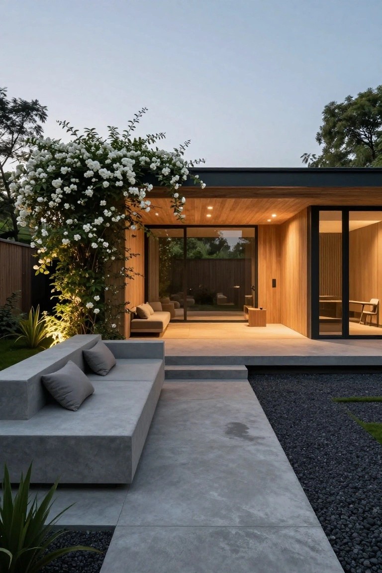Outdoor patio with low L-shaped gray concrete bench topped with gray cushions, adjacent to a wooden pavilion structure with large glass doors and warm interior lighting, white climbing roses on the wall, gravel ground cover, and agave plants.