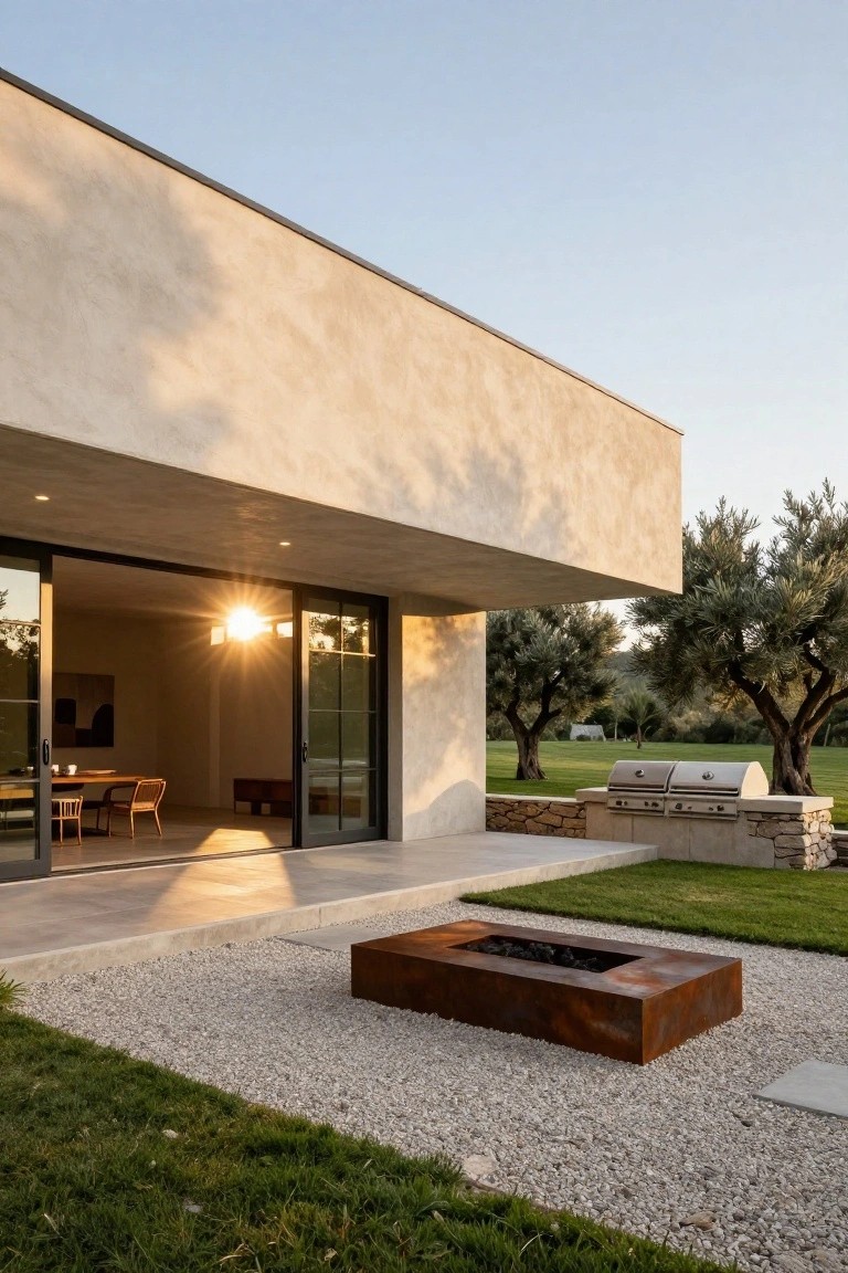 Beige stucco house exterior with cantilevered overhang over a concrete patio, large open black-framed sliding glass doors showing interior dining room, corten steel fire pit, built-in stone barbecues, gravel and grass yard, and olive trees nearby.