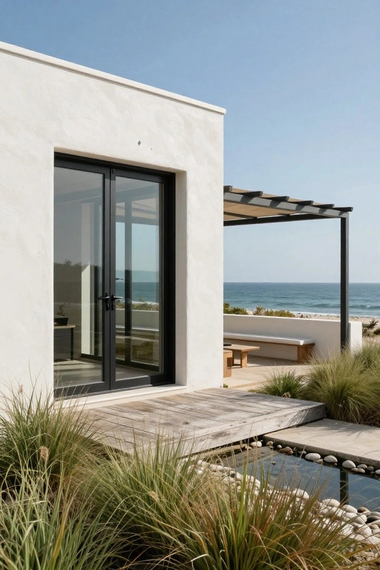 White stucco house corner featuring large black-framed glass sliding doors, adjacent wooden deck and pergola with bench, tall grasses, small pebble-lined pond, and ocean view.