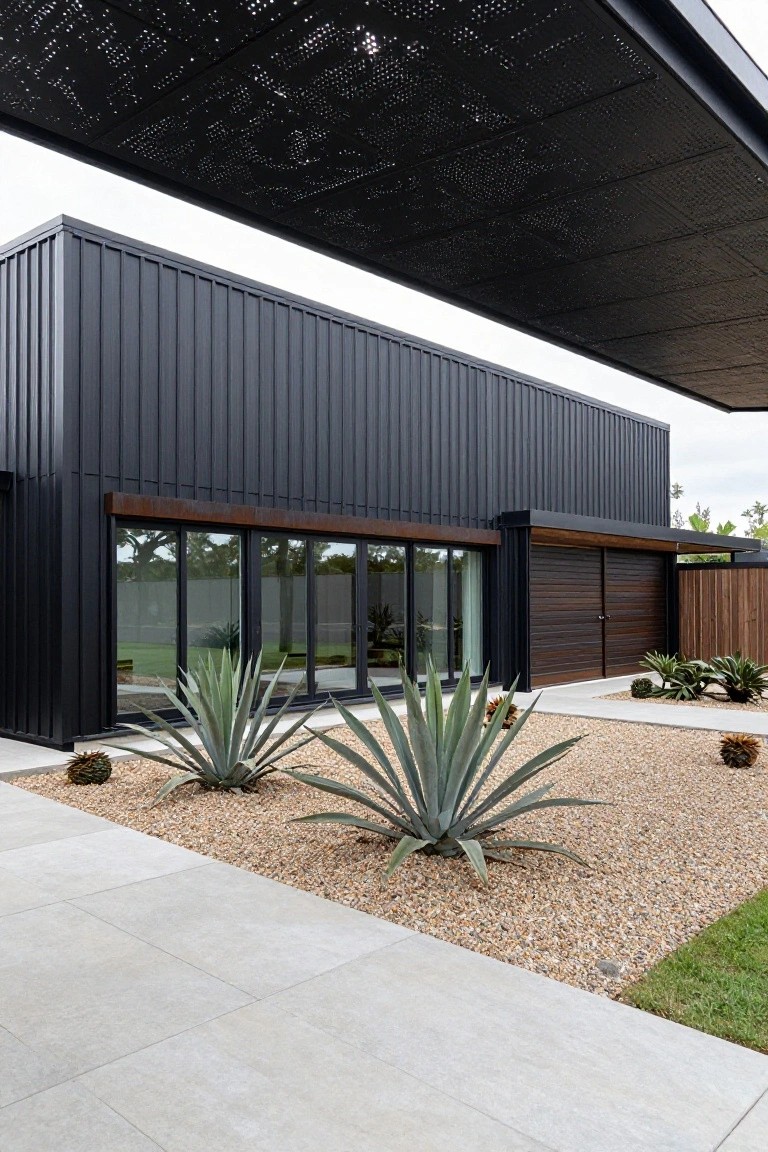 Modern rectangular house exterior featuring dark corrugated metal siding, large tinted glass windows and sliding doors, wooden garage doors, a black perforated metal canopy overhead, and gravel landscaping with agave plants.