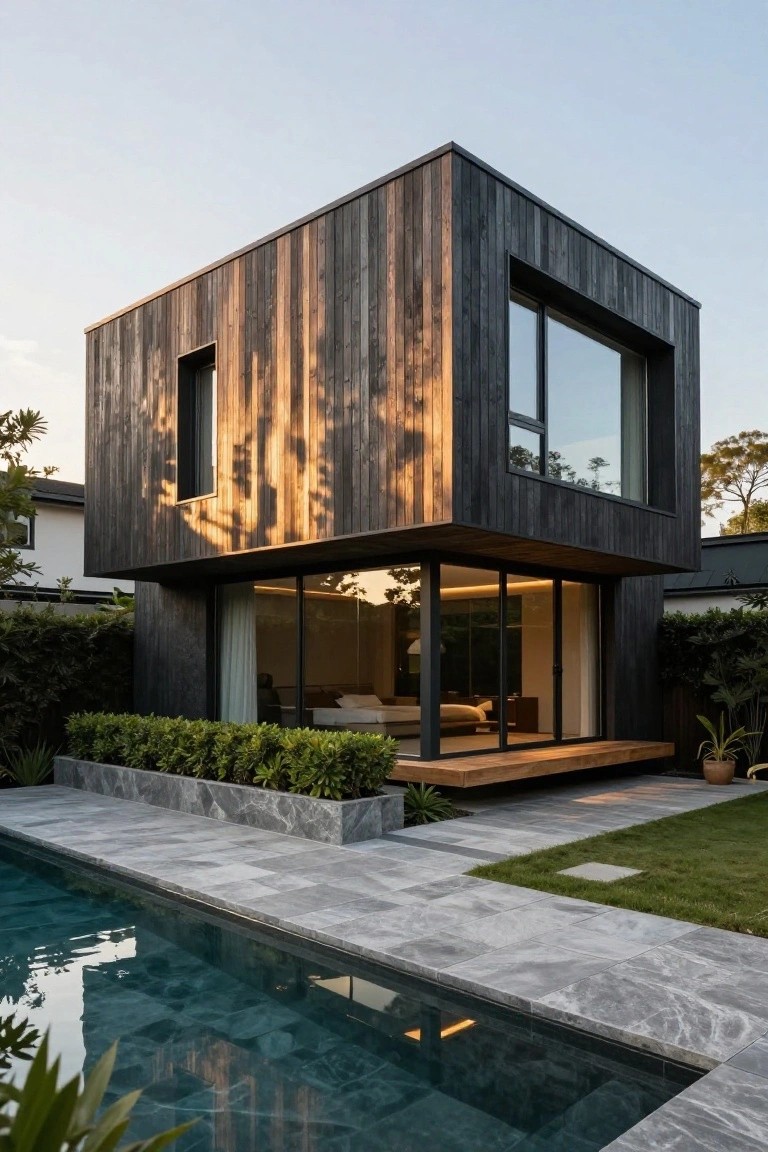 Modern cubic two-story house with dark vertical timber cladding, large corner glass windows and walls, a cantilevered wooden deck above a rectangular pool edged in gray stone tiles, surrounded by green hedges and lawn.